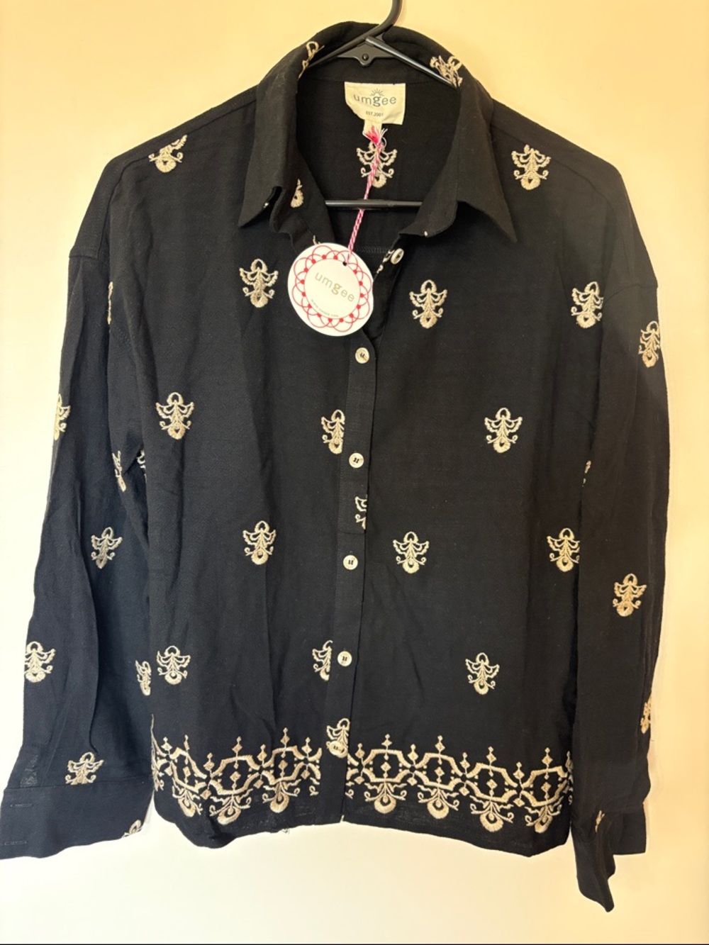 Umgee Black Button-Down Shirt with Cream Embroidered Accents